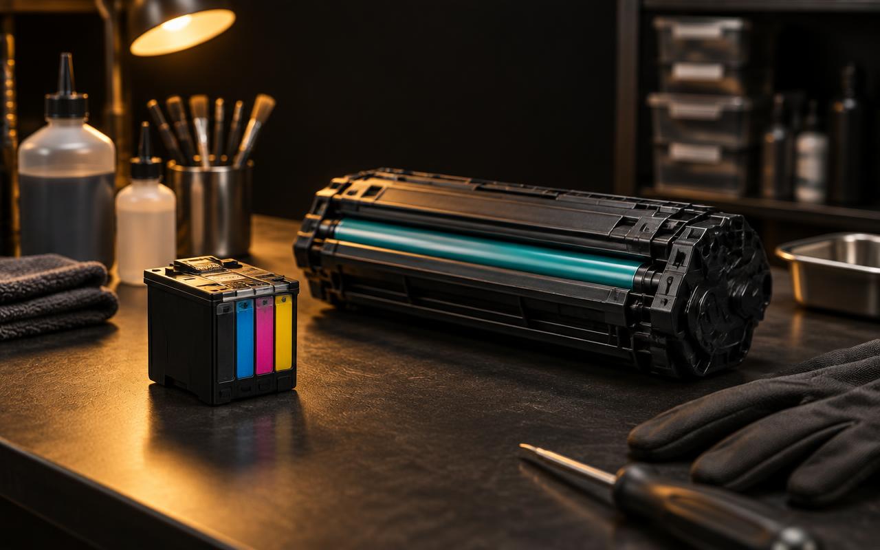 Ilustração técnica: cartucho de tinta colorido e toner laser sobre bancada escura