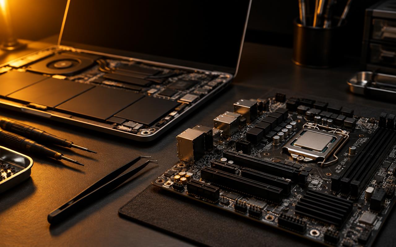 Ilustração técnica: notebook aberto e placa de computador sobre bancada escura