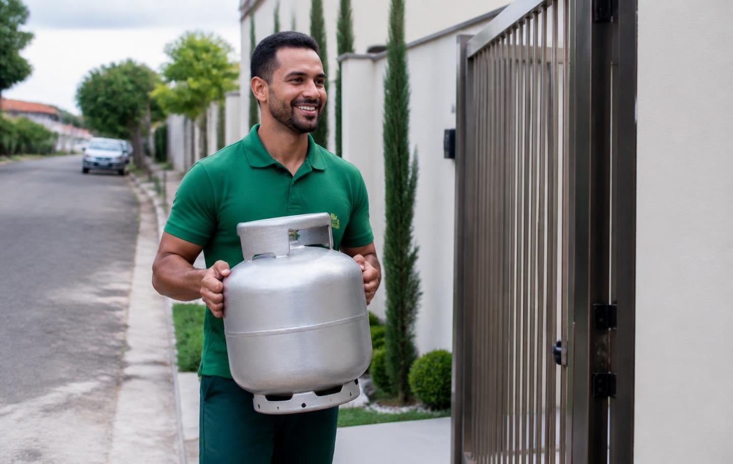 Entregador levando botijão de gás até a residência do cliente