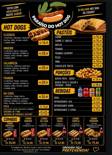 Cardápio real do Paraíso do Hot Dog — toque para ampliar