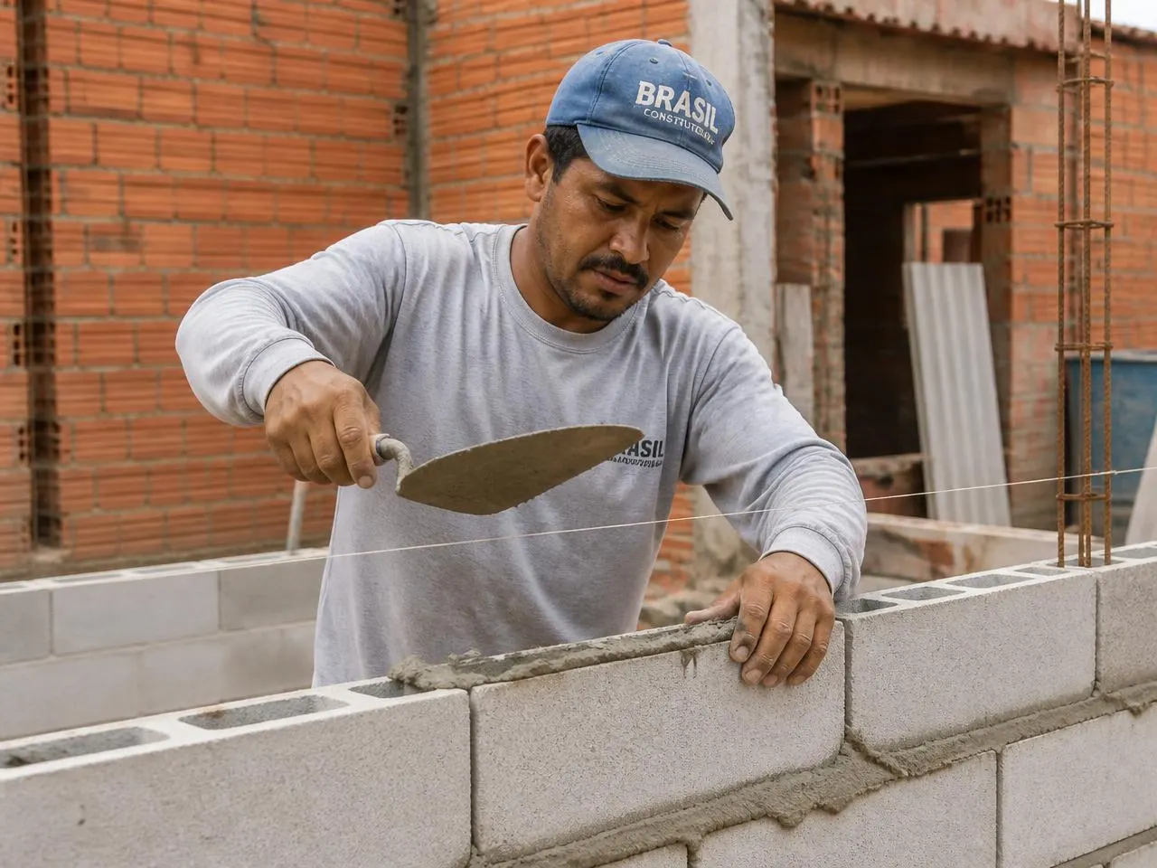 Assentamento de blocos com linha e prumo em obra residencial