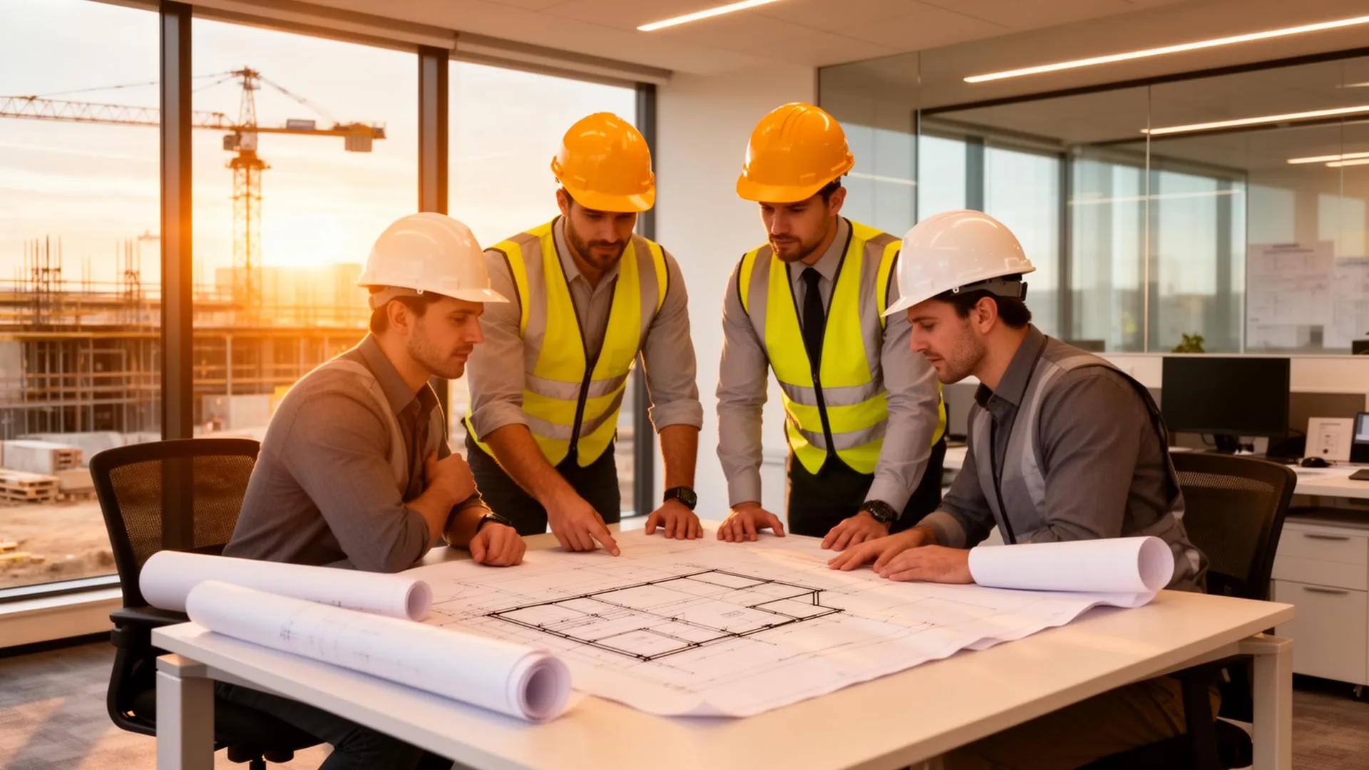 Equipe da S&S Construções analisando plantas em uma mesa de projeto, com canteiro de obras ao fundo