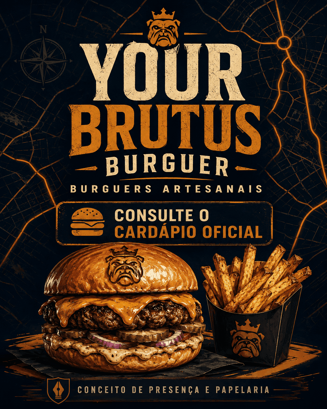 Mockup conceitual de panfleto digital Your Brutus Burguer
